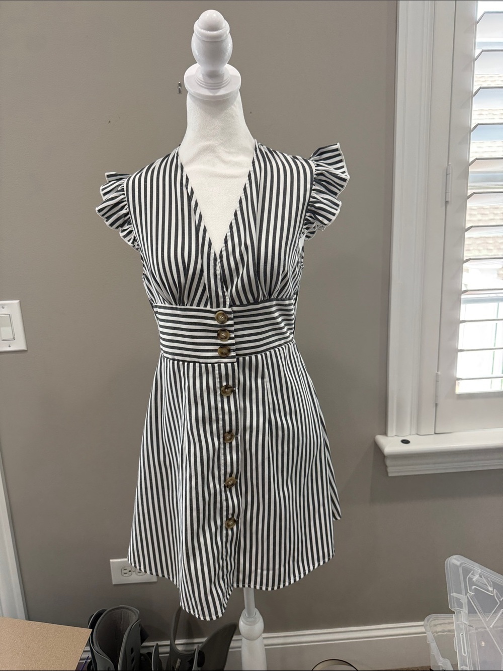 Cupshe Black & White Striped V-Neck Button Dress